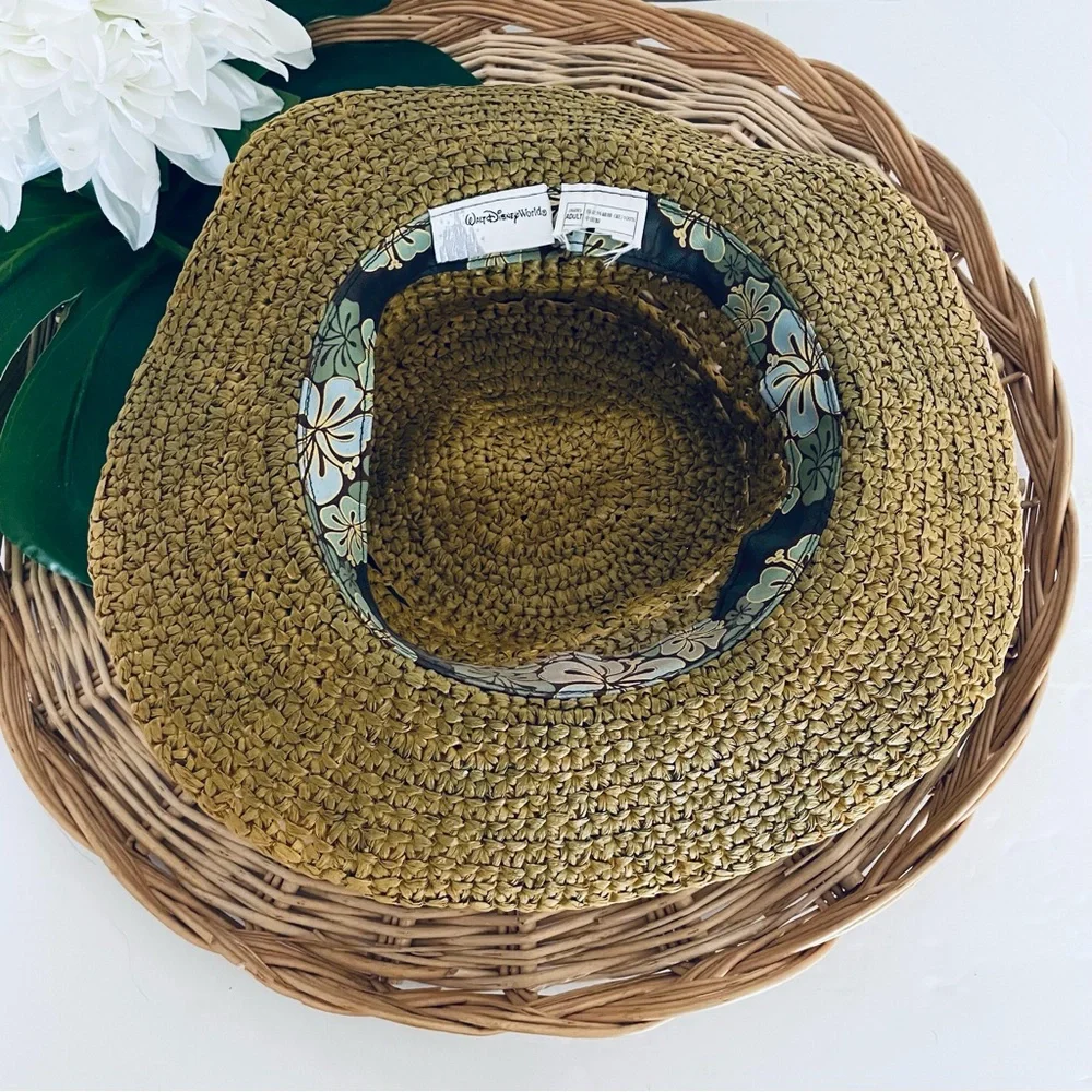 Disney Parks Mickey Mouse Woven Straw Floppy Hat Carved Wood Mickey Mouse summer